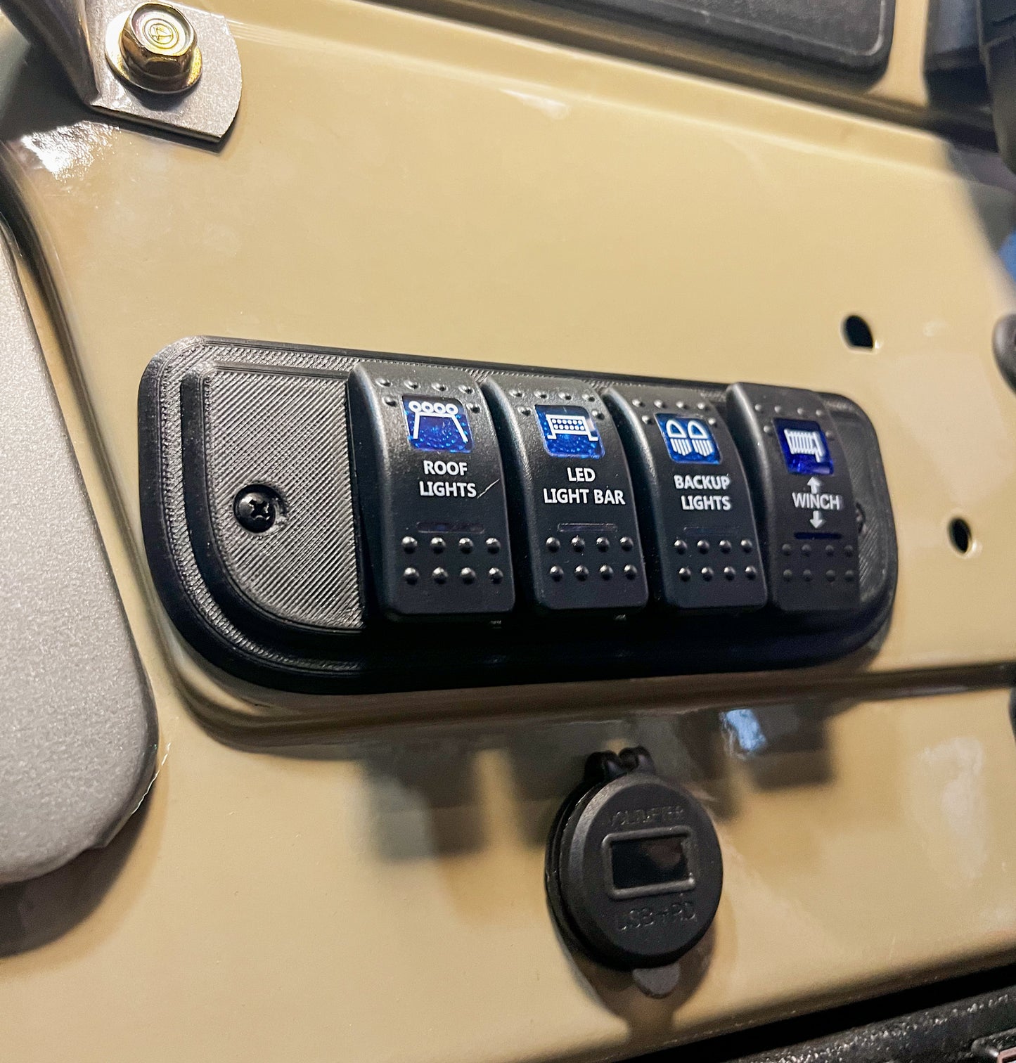 Land Cruiser ashtray replacement panel with rocker switches side view